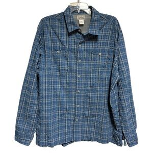 LL Bean Shirt Size Large Blue Plaid Performance Fishing Nylon Pockets Outdoors